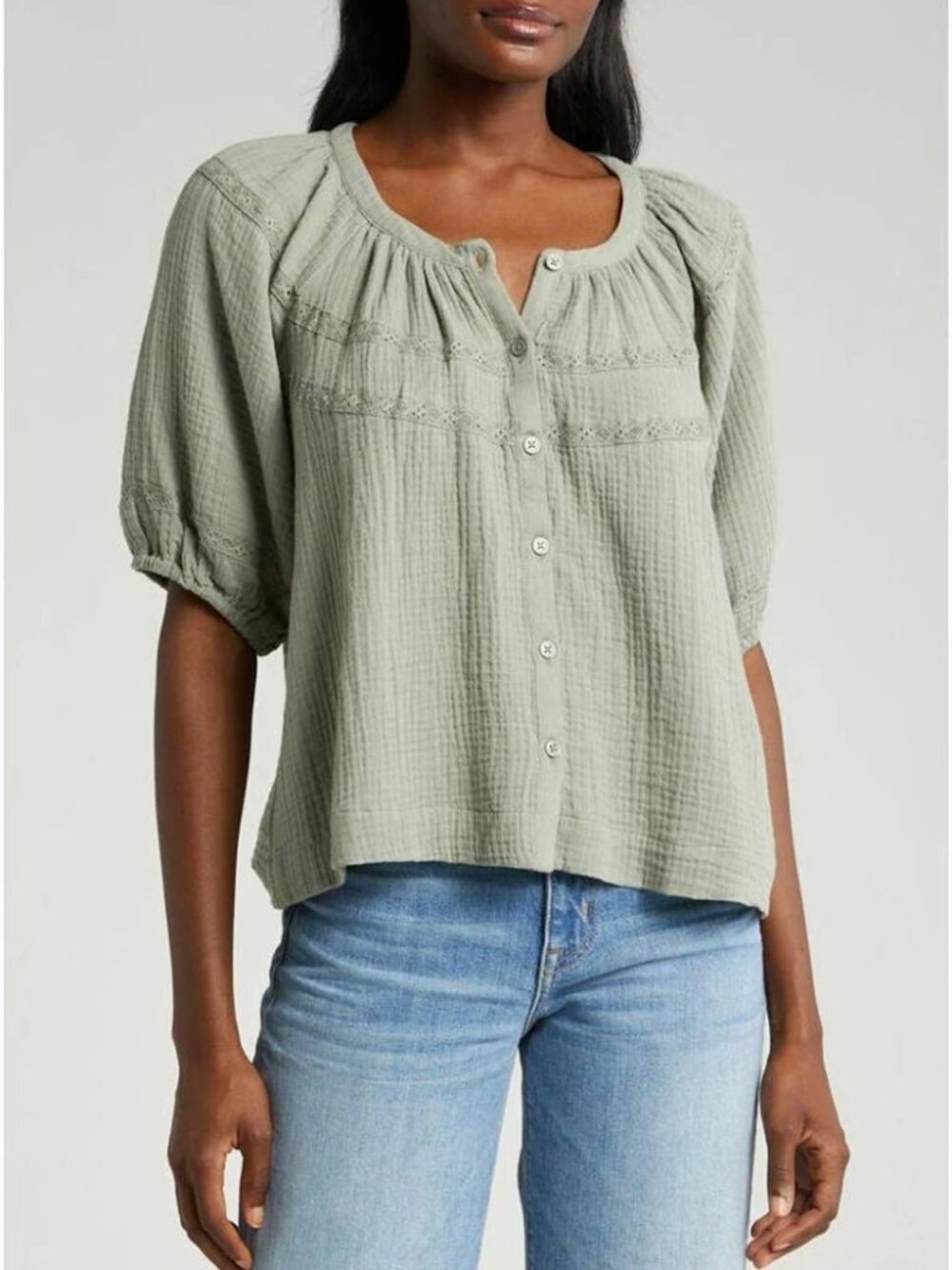 Marine Layer Wren Puff Sleeve Button-Up Top in Olive Green Size Small